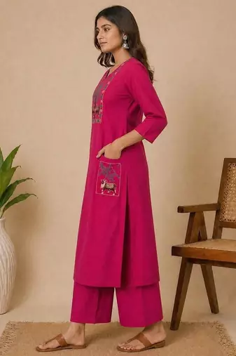 Slub cotton pink embroidered kurta with pant set for women