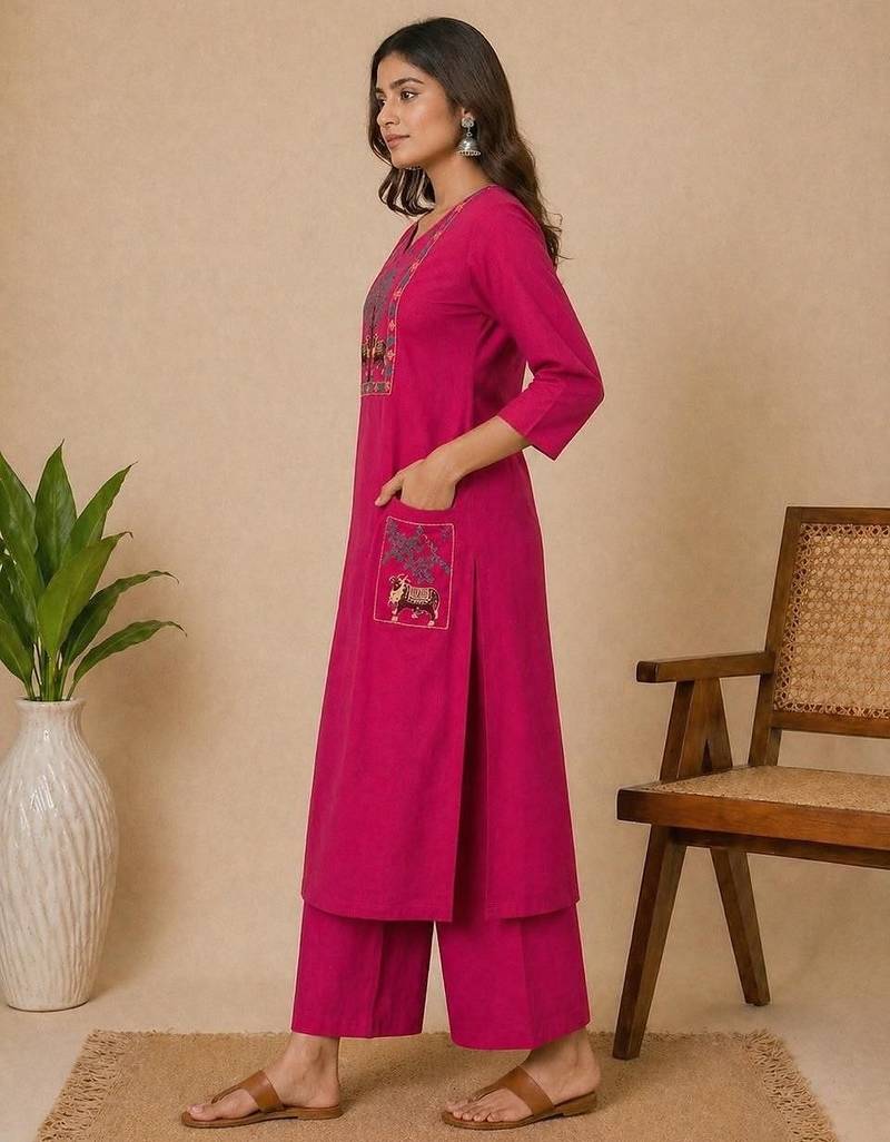 Slub cotton pink embroidered kurta with pant set for women