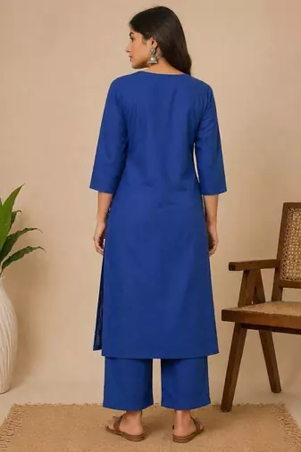 Slub cotton blue embroidered kurta with pant set for women