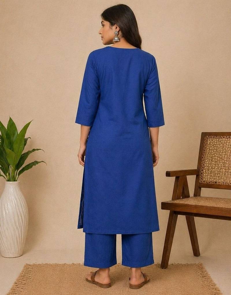Slub cotton blue embroidered kurta with pant set for women
