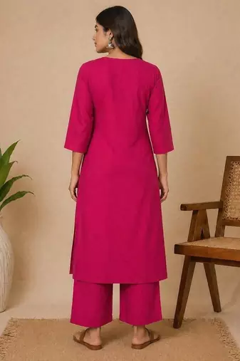 Slub cotton pink embroidered kurta with pant set for women