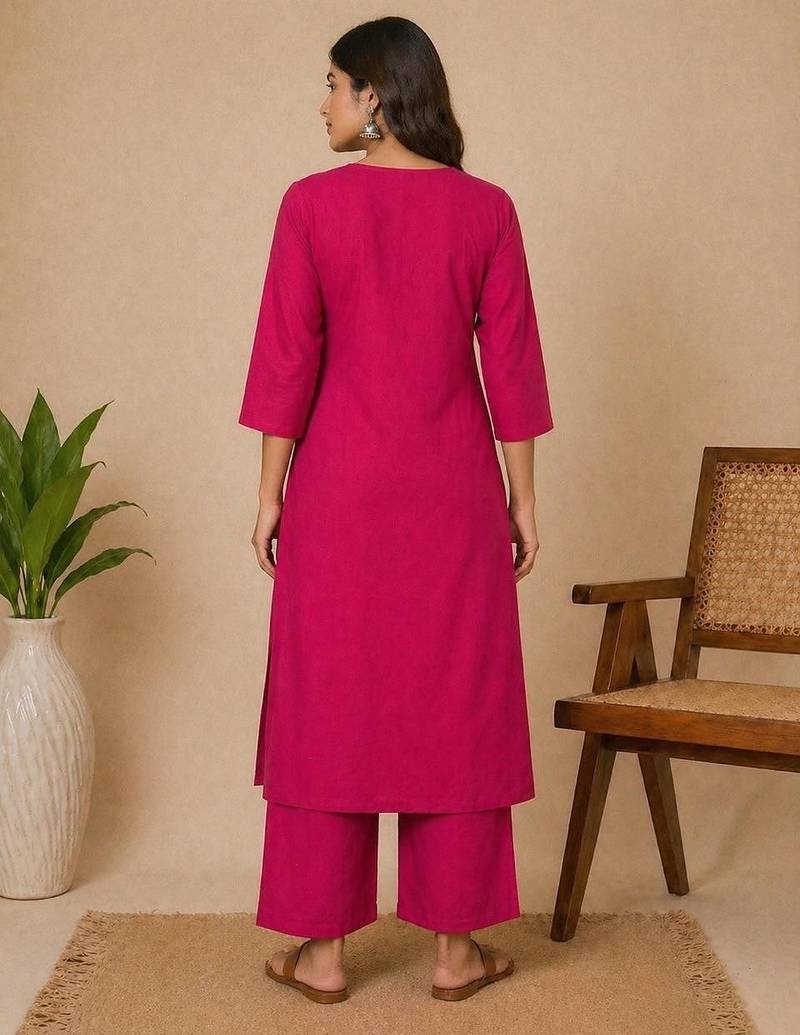 Slub cotton pink embroidered kurta with pant set for women