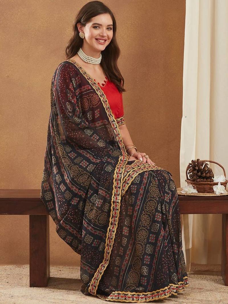 Bandhani Gotta Patti Poly Georgette Designer Bandhani Saree