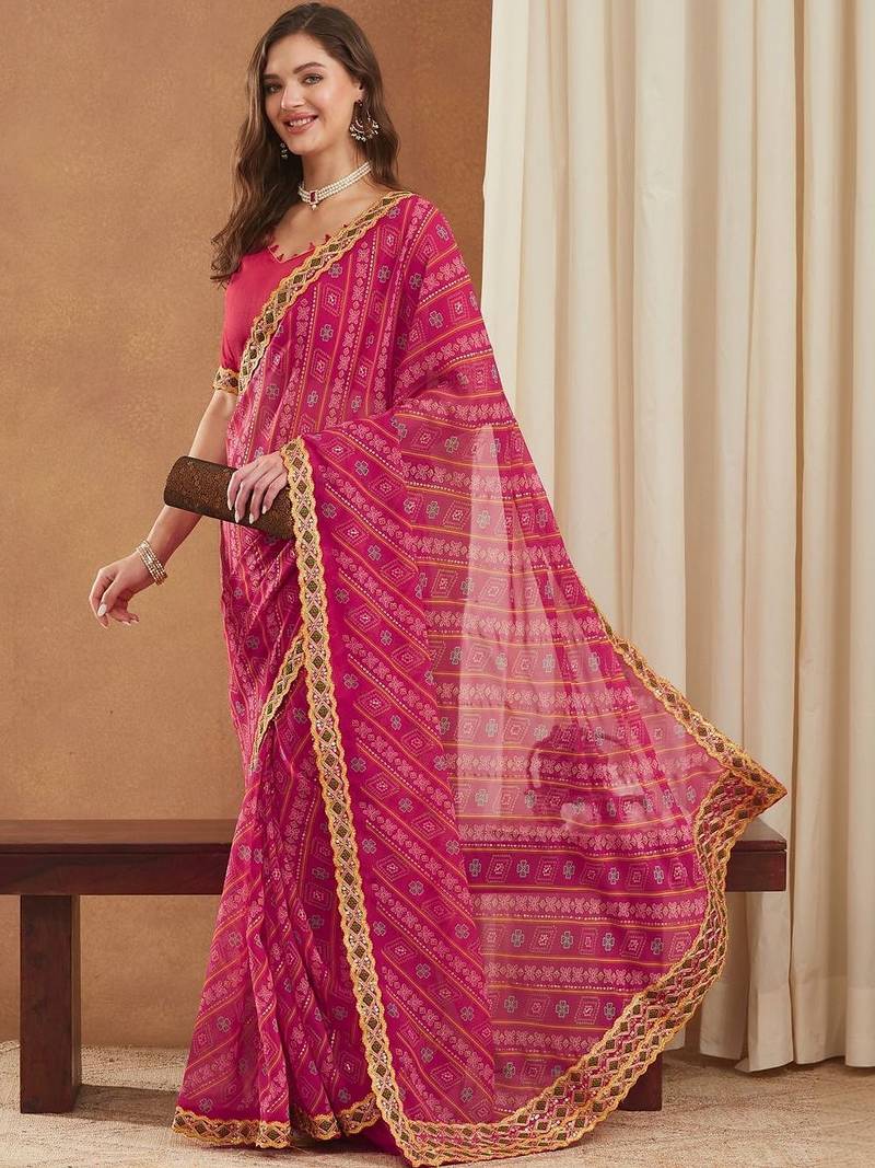 Bandhani Gotta Patti Poly Georgette Designer Bandhani Saree