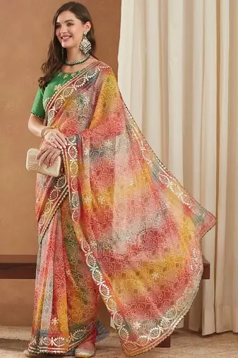 Bandhani Zari Poly Georgette Designer Bandhani Saree