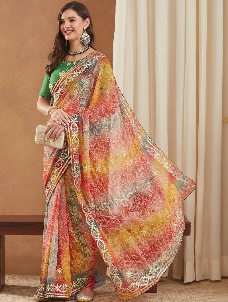 Bandhani Zari Poly Georgette Designer Bandhani Saree