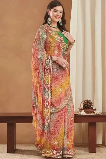 Bandhani Zari Poly Georgette Designer Bandhani Saree