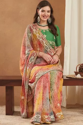 Bandhani Zari Poly Georgette Designer Bandhani Saree