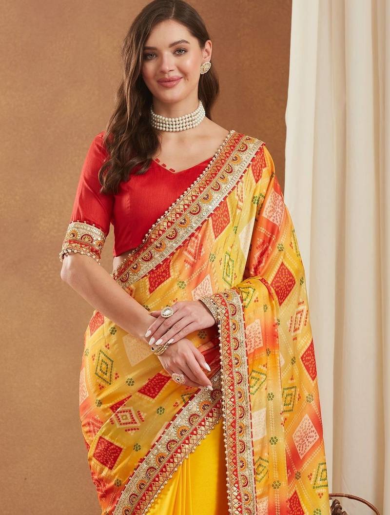 Bandhani Gotta Patti Poly Chiffon Designer Bandhani Saree