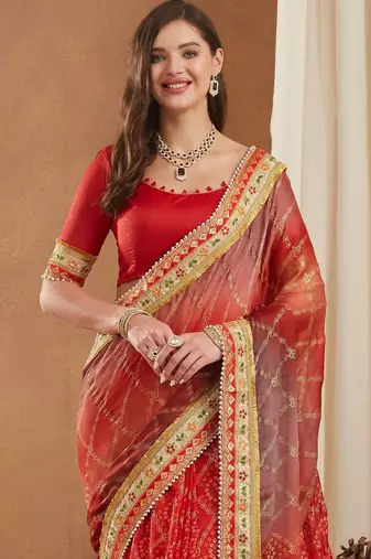 Bandhani Gotta Patti Poly Chiffon Designer Bandhani Saree