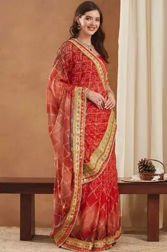 Bandhani Gotta Patti Poly Chiffon Designer Bandhani Saree