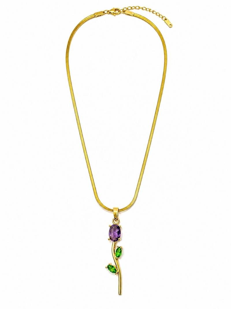 18K Gold Plated Stone Floral Pendant Necklace