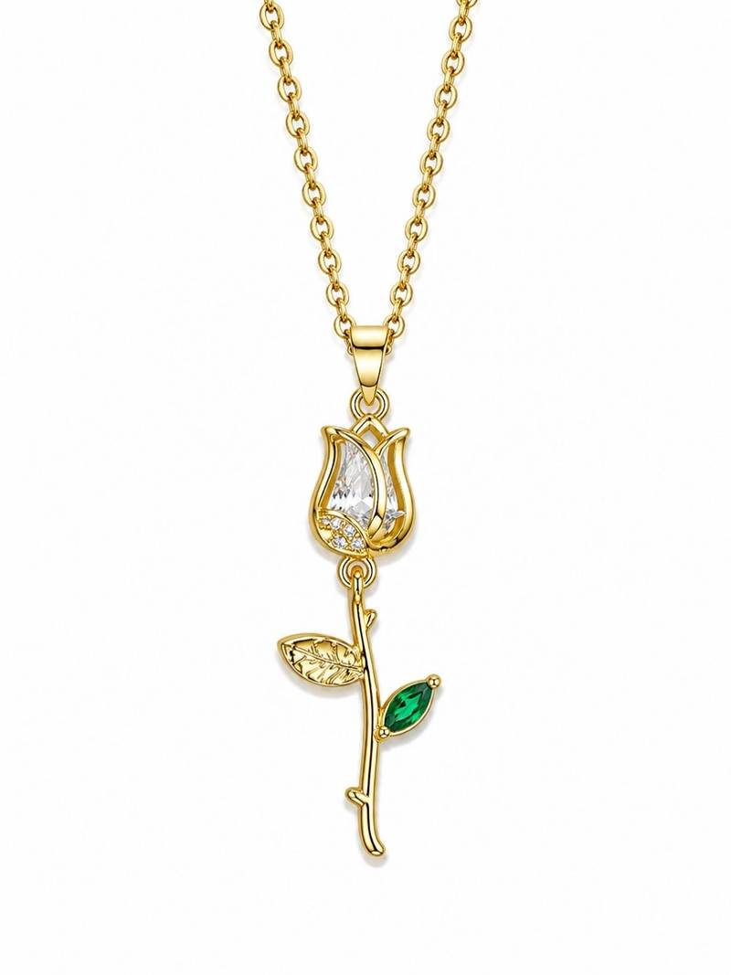 18K Gold Plated Rose Floral Pendant Drop Necklace