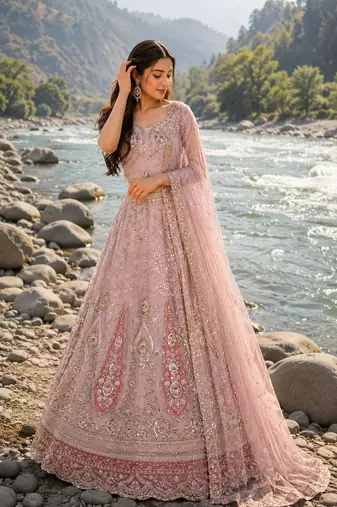 Embroidered Powder Pink Lehenga Choli with Dupatta for Women