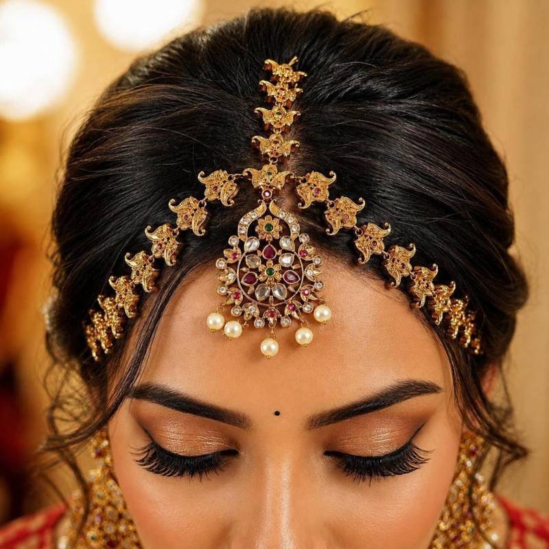 South Indian Bridal Maang Tikka, Matha Patti Headpiece,Kundan Pearl Maangtikka