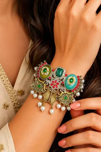 Oxidized Silver Brass Cuff Bracelet, Boho Tribal Ethnic Indian Green Stone Pearl Bangle