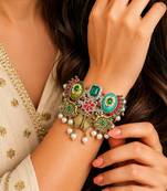 Oxidized Silver Brass Cuff Bracelet, Boho Tribal Ethnic Indian Green Stone Pearl Bangle