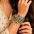 Oxidized Silver Brass Cuff Bracelet, Boho Tribal Ethnic Indian Green Stone Pearl Bangle