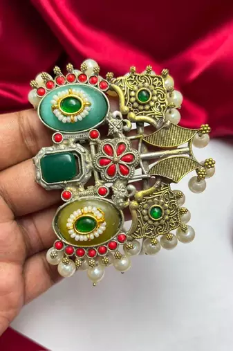 Oxidized Silver Brass Cuff Bracelet, Boho Tribal Ethnic Indian Green Stone Pearl Bangle