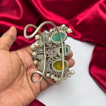 Oxidized Silver Brass Cuff Bracelet, Boho Tribal Ethnic Indian Green Stone Pearl Bangle 3
