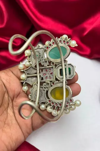 Oxidized Silver Brass Cuff Bracelet, Boho Tribal Ethnic Indian Green Stone Pearl Bangle