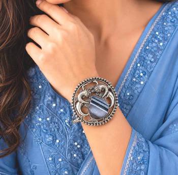 Handmade Oxidized Silver Tribal Cuff Bracelet, Striped Stone, Boho Ethnic Bangle  1