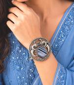 Handmade Oxidized Silver Tribal Cuff Bracelet, Striped Stone, Boho Ethnic Bangle 