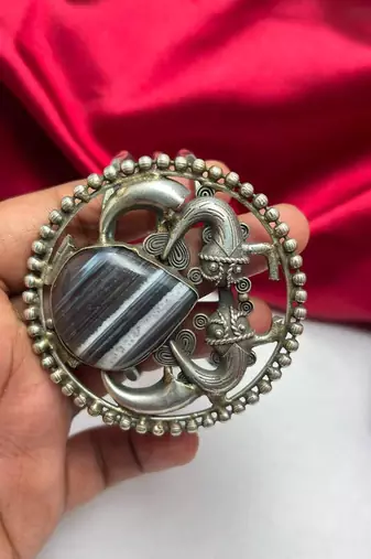 Handmade Oxidized Silver Tribal Cuff Bracelet, Striped Stone, Boho Ethnic Bangle 