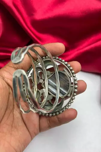 Handmade Oxidized Silver Tribal Cuff Bracelet, Striped Stone, Boho Ethnic Bangle 