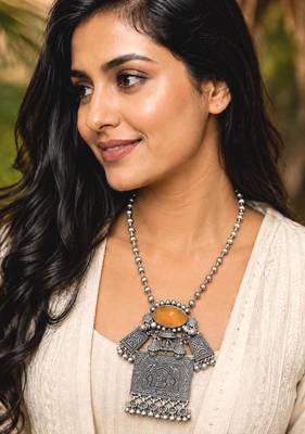 Oxidized Silver Brass Statement Necklace, Tribal Boho Pendant, Ethnic Indian Jewelry 1