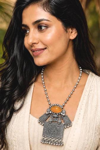 Oxidized Silver Brass Statement Necklace, Tribal Boho Pendant, Ethnic Indian Jewelry