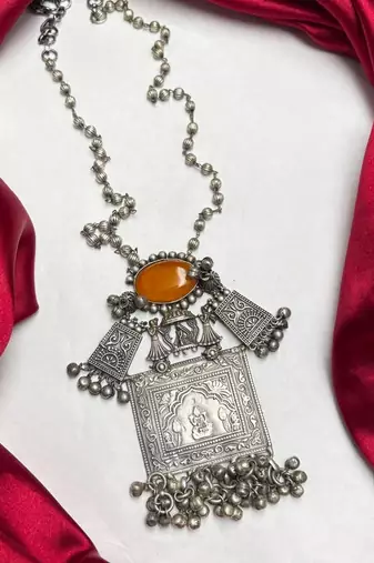 Oxidized Silver Brass Statement Necklace, Tribal Boho Pendant, Ethnic Indian Jewelry