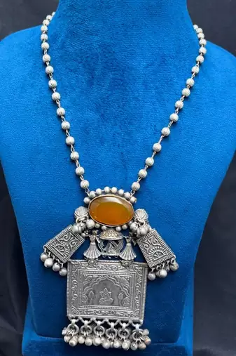 Oxidized Silver Brass Statement Necklace, Tribal Boho Pendant, Ethnic Indian Jewelry