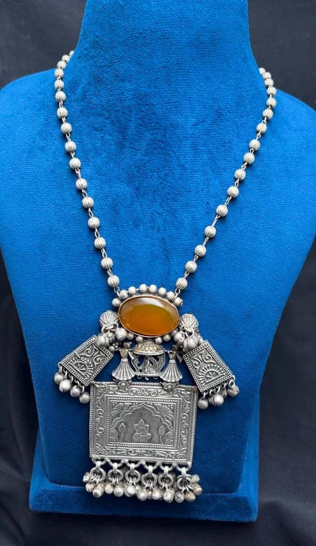 Oxidized Silver Brass Statement Necklace, Tribal Boho Pendant, Ethnic Indian Jewelry