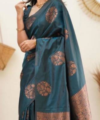 Deep teal silk blend saree with copper motifs 1