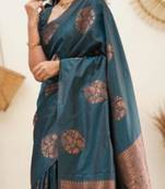 Deep teal silk blend saree with copper motifs