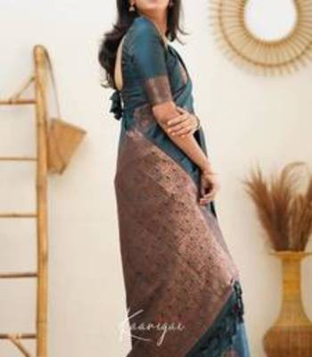 Deep teal silk blend saree with copper motifs 2