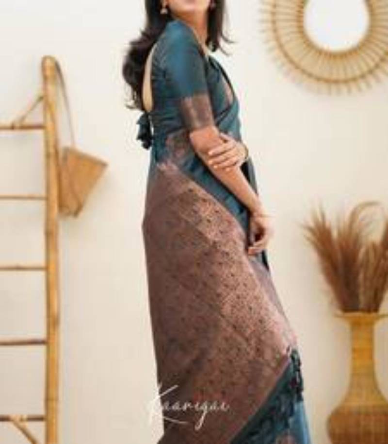 Deep teal silk blend saree with copper motifs