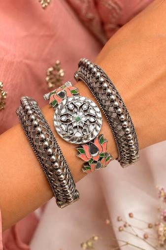 Vintage Set of 3pc Kadas Meenakari Oxidized Silver Brass Kada Set, Lotus Hand Bangles