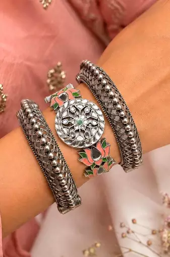 Vintage Set of 3pc Kadas Meenakari Oxidized Silver Brass Kada Set, Lotus Hand Bangles