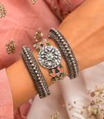 Vintage Set of 3pc Kadas Meenakari Oxidized Silver Brass Kada Set, Lotus Hand Bangles