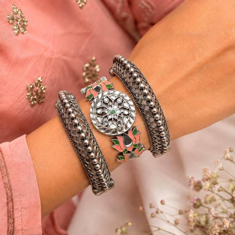 Vintage Set of 3pc Kadas Meenakari Oxidized Silver Brass Kada Set, Lotus Hand Bangles