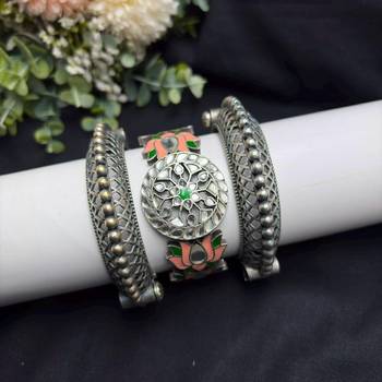 Vintage Set of 3pc Kadas Meenakari Oxidized Silver Brass Kada Set, Lotus Hand Bangles 2