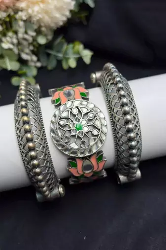 Vintage Set of 3pc Kadas Meenakari Oxidized Silver Brass Kada Set, Lotus Hand Bangles