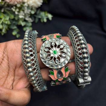 Vintage Set of 3pc Kadas Meenakari Oxidized Silver Brass Kada Set, Lotus Hand Bangles 3