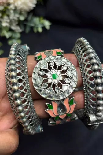 Vintage Set of 3pc Kadas Meenakari Oxidized Silver Brass Kada Set, Lotus Hand Bangles
