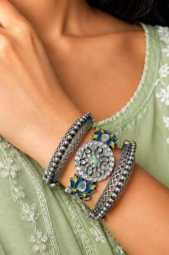 Set of 3 Meenakari Lotus Kadas, Oxidized Silver Brass Boho Bracelet Stack