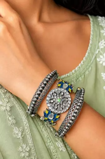 Set of 3 Meenakari Lotus Kadas, Oxidized Silver Brass Boho Bracelet Stack