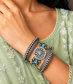 Set of 3 Meenakari Lotus Kadas, Oxidized Silver Brass Boho Bracelet Stack