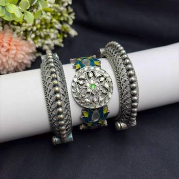 Set of 3 Meenakari Lotus Kadas, Oxidized Silver Brass Boho Bracelet Stack 2